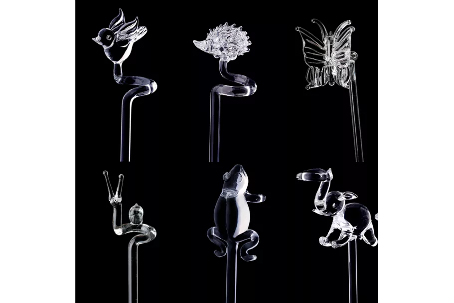 Orchideenstab Glasstab 6er Set Tiere Schmetterling, Elefant, Vogel, Frosch, Igel, Schnecke