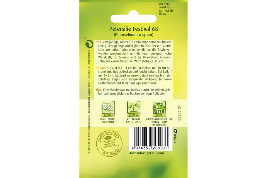 Glattblättrige Petersilie-Samen 'Festival 68' Packungsinhalt reicht für ca. 1-1,5 lfd. Meter