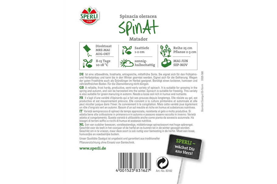 Echter Spinat 'Matador' Inhalt reicht für ca. 800 Pflanzen